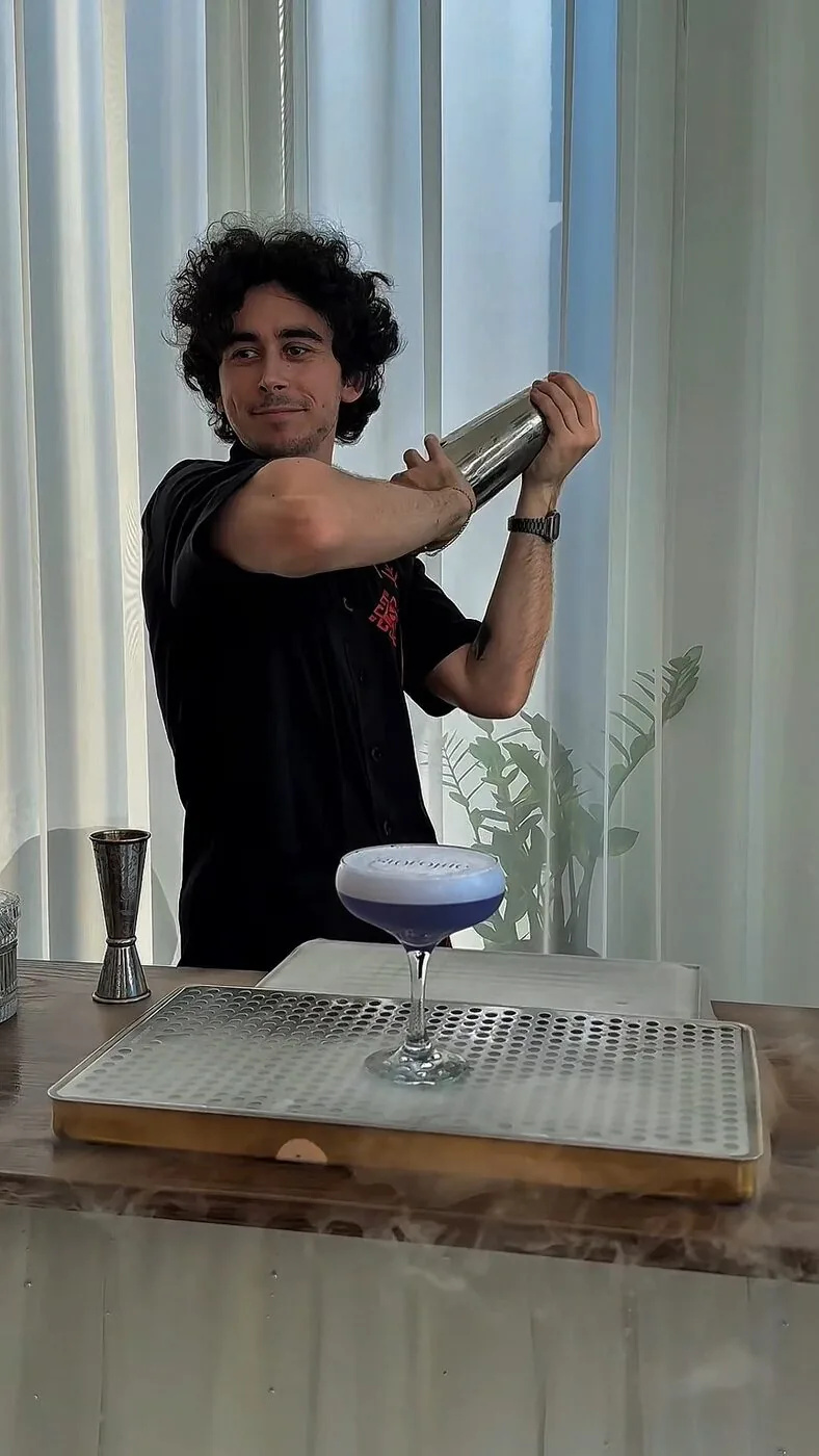 A bartender shaking a cocktail