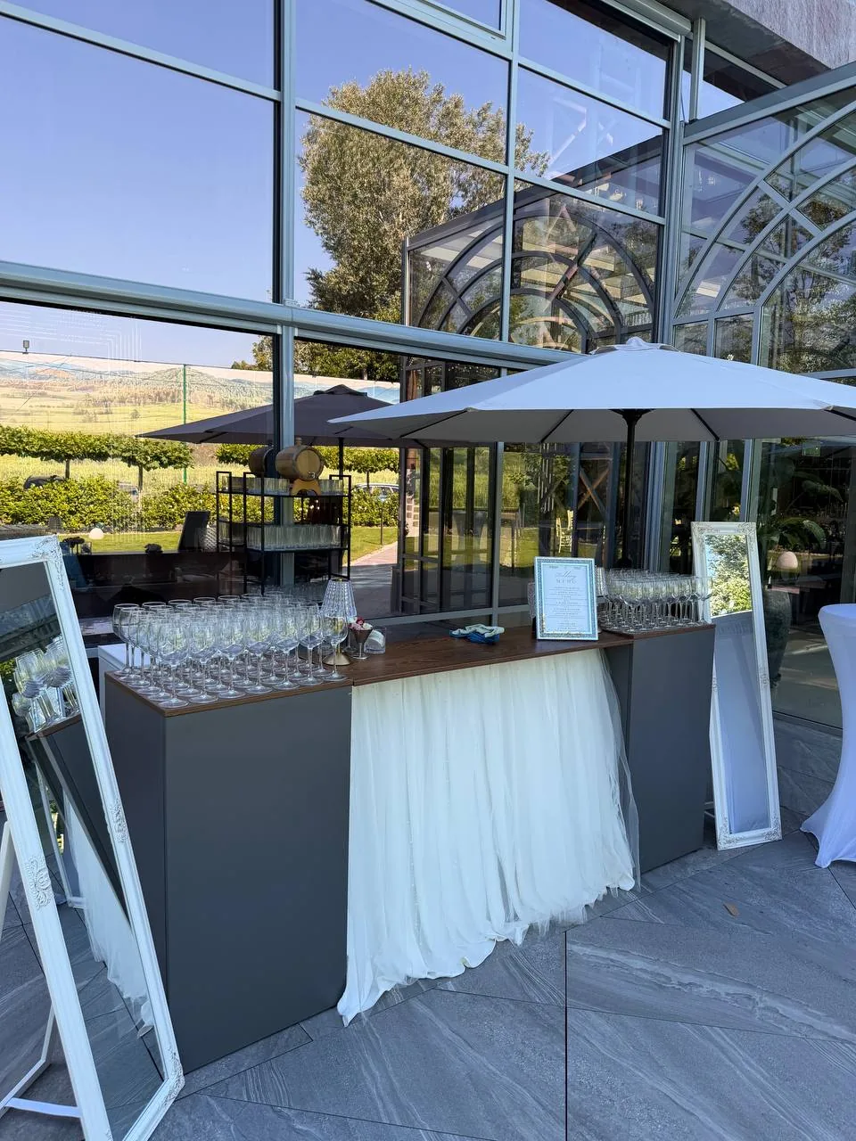 Covor’s mobile bar set up at an event, glasses arranged
